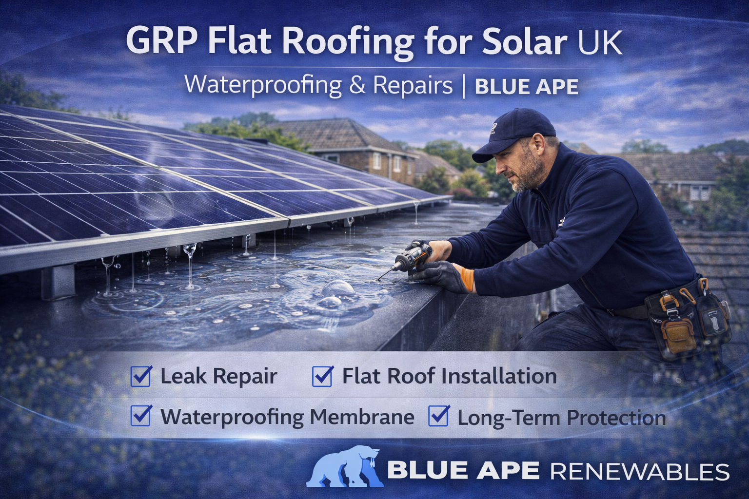 GRP Flat Roofing for Solar UK | Waterproofing & Repairs | Blue Ape