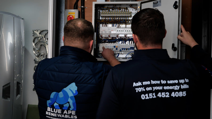 Six-image montage showing domestic solar PV panels, inverter electrics, battery systems, engineers testing systems, roofing remedials, and drone-assisted inspections