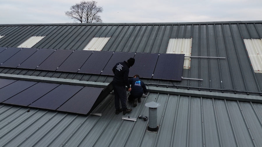 Six-image montage showing domestic solar PV panels, inverter electrics, battery systems, engineers testing systems, roofing remedials, and drone-assisted inspections
